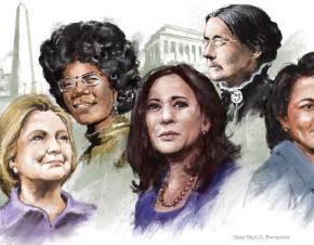 كل هؤلاء النساء صنعن التاريخ. هل تعرف كيف؟ من اليسار، سوزان بي أنتوني، كوندليزا رايس، شيرلي تشيشولم، نيكي هالي، هيلاري كلينتون. (State Dept./Doug Thompson)