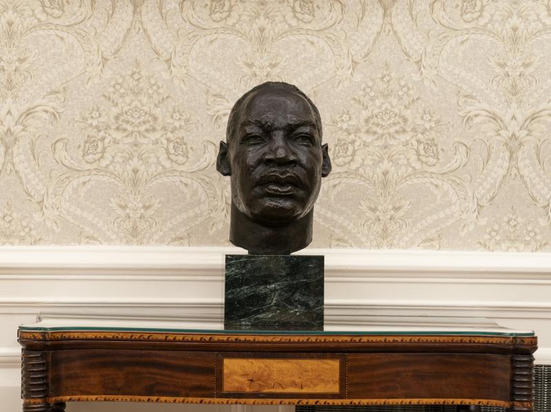 A bust of the Rev. Martin Luther King Jr. in the Oval Office. Former President Donald Trump also displayed a bust of King.