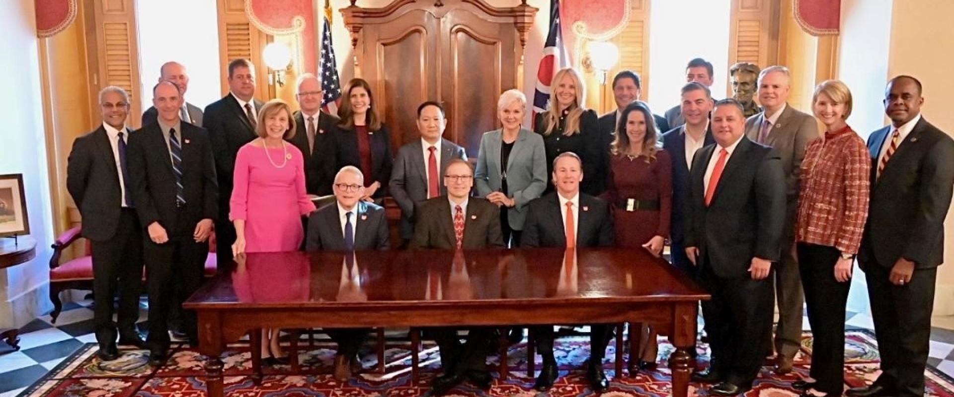 Photo of state and local leadership with Honda and LG Energy Solution taken on October 11, 2022, in the same location as the 1977 photo below.