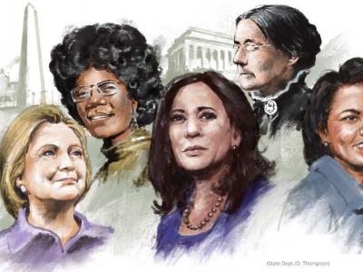 كل هؤلاء النساء صنعن التاريخ. هل تعرف كيف؟ من اليسار، سوزان بي أنتوني، كوندليزا رايس، شيرلي تشيشولم، نيكي هالي، هيلاري كلينتون. (State Dept./Doug Thompson)